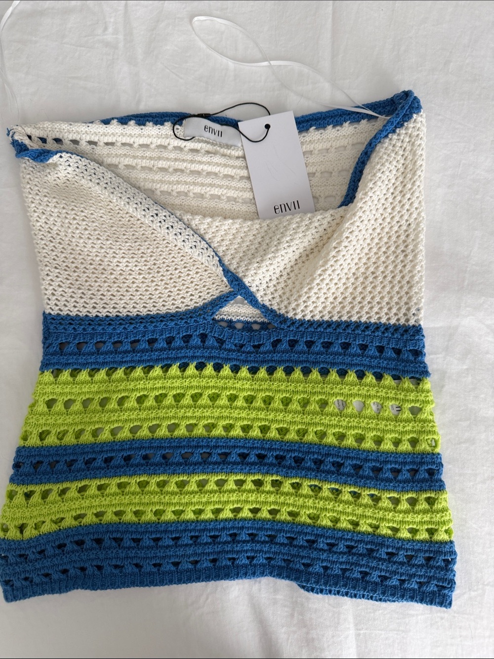 Envii Crochet Knit Camisole in White, Blue & Lime - Picture 2 of 3